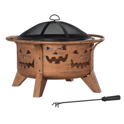 Sunjoy 30 in. Outdoor Wood-Burning Fire Pit, Patio Jack-o-Lantern Motif Round Steel Firepit Large Fire Pits for Outside