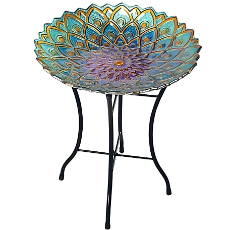Teamson US Inc Peaktop Outdoor 18 in. Handpainted Mosaic Flower Fusion Glass Birdbath with Stand