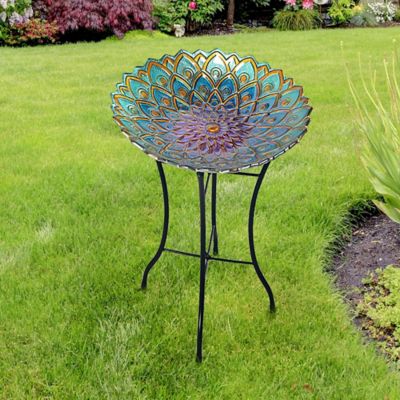 Image showing  18 in. Peaktop Outdoor Handpainted Mosaic Flower Fusion Glass Bird Bath with Stand
