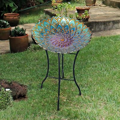 Image showing  18 in. Peaktop Outdoor Handpainted Mosaic Flower Fusion Glass Bird Bath with Stand