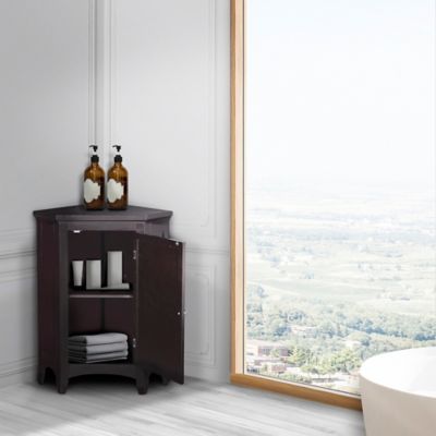 Image showing  Glancy Wooden Corner Stand Floor Cabinet with 1 Shutter Door, Dark Brown