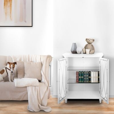 Image showing  Florence Double Door Floor Cabinet with 2 Adjustable Tempered Glass Shelves, Natural Wood Finish