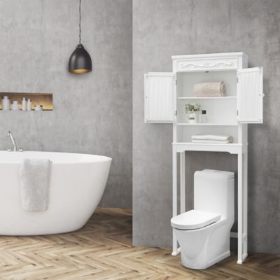 Image showing  7.5 x 24 x 67in. Wooden Lisbon Space Saver Bathroom Storage Unit with Drapery-Lined Door, White