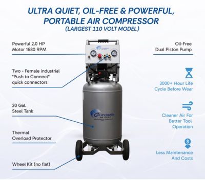 Image showing 7 th California Air Tools 2 hp 20 gal. Ultra Quiet and Oil-Free Steel Tank Air Compressor