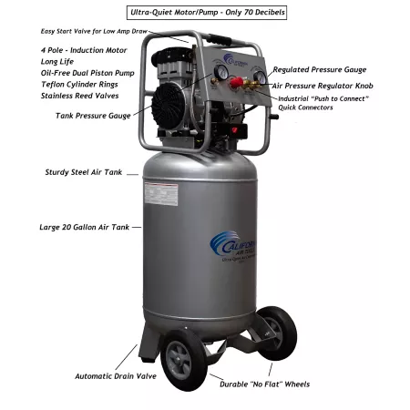 California Air Tools 2 HP 20 gal Ultra Quiet Oil-Free Steel Tank Air Compressor with Auto Drain 220V 60Hz Portable Air Compressors