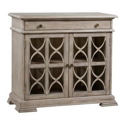 Crestview Collection 2-Door Hawthorne Estate Fretwork Cabinet with Storage Drawer, 40 in. x 17 in. x 37 in., Brushed Wheat
