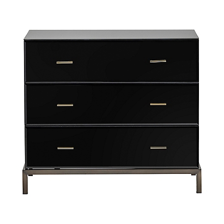 Crestview Collection Mercury Black Glass and Antique Brass 3-Drawer Chest