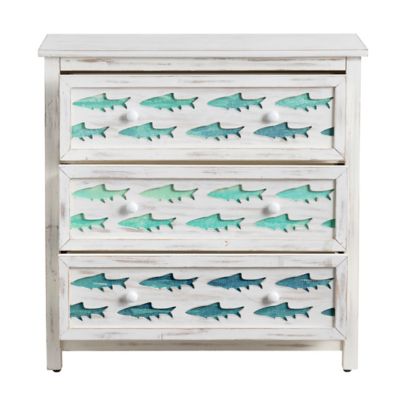 Image showing  3-Drawer White Wash Chest with Gradient Blue Swimming Fish
