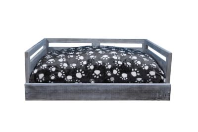 Image showing  Sassy Paws Wooden Pet Bed with Paw Printed Comfy Cushion, Pine Wood