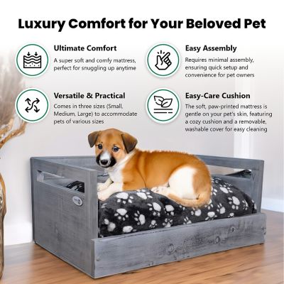 Image showing  Sassy Paws Wooden Pet Bed with Paw Printed Comfy Cushion, Pine Wood