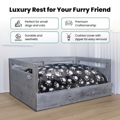 Image showing  Sassy Paws Wooden Pet Bed with Paw Printed Comfy Cushion, Pine Wood