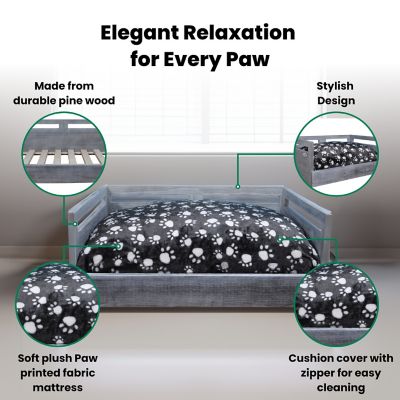 Image showing  Sassy Paws Wooden Pet Bed with Paw Printed Comfy Cushion, Pine Wood