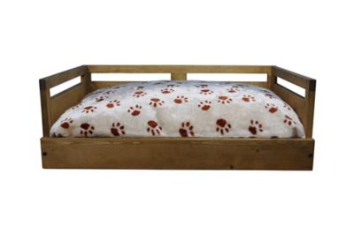 Image showing  Sassy Paws Wooden Pet Bed with Paw Printed Comfy Cushion, Pine Wood