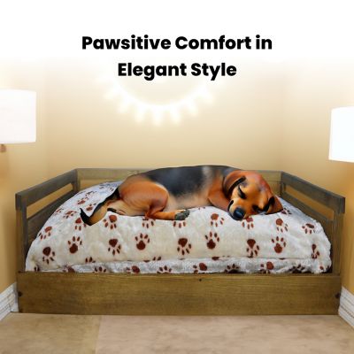 Image showing  Sassy Paws Wooden Pet Bed with Paw Printed Comfy Cushion, Pine Wood
