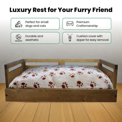 Image showing  Sassy Paws Wooden Pet Bed with Paw Printed Comfy Cushion, Pine Wood