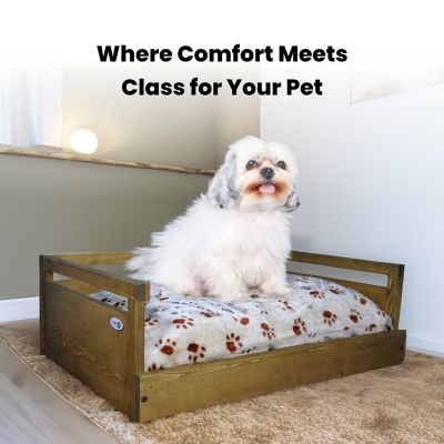 Image showing  Sassy Paws Wooden Pet Bed with Paw Printed Comfy Cushion, Pine Wood