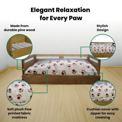 Image showing 5 th Iconic Pet Sassy Paws Wooden Pet Bed with Paw Printed Comfy Cushion, Pine Wood