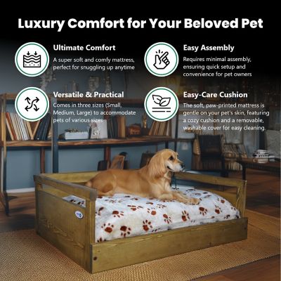 Image showing 6 th Iconic Pet Sassy Paws Wooden Pet Bed with Paw Printed Comfy Cushion, Pine Wood