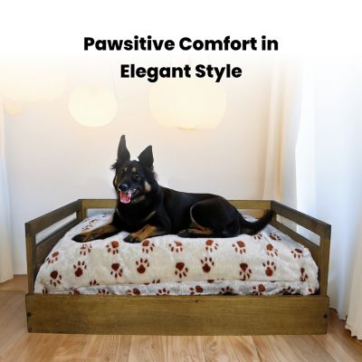 Image showing 7 th Iconic Pet Sassy Paws Wooden Pet Bed with Paw Printed Comfy Cushion, Pine Wood