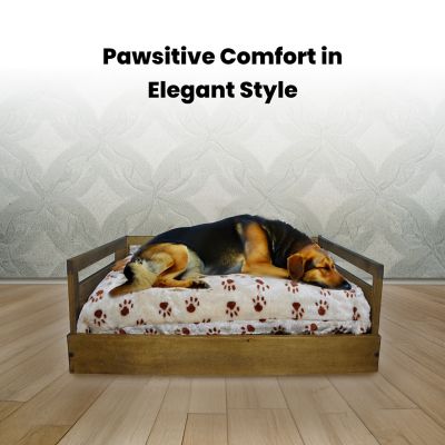 Image showing 8 th Iconic Pet Sassy Paws Wooden Pet Bed with Paw Printed Comfy Cushion, Pine Wood