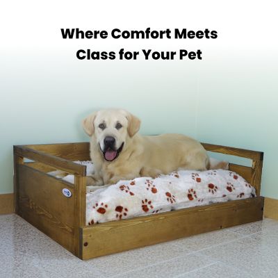 Image showing 9 th Iconic Pet Sassy Paws Wooden Pet Bed with Paw Printed Comfy Cushion, Pine Wood