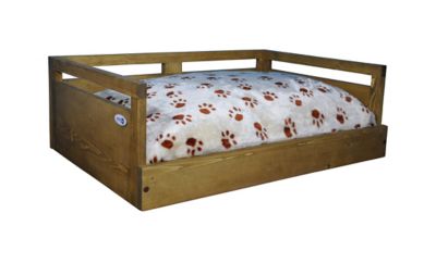 Iconic Pet Sassy Paws Wooden Pet Bed with Paw Printed Comfy Cushion, Pine Wood