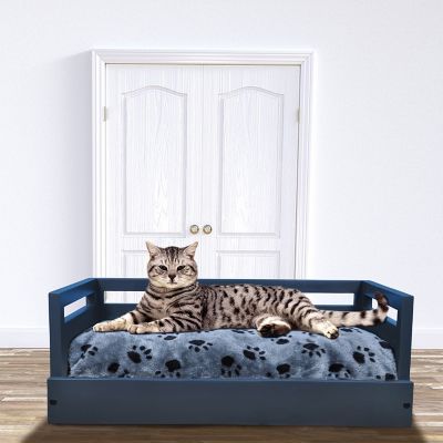 Iconic Pet Sassy Paws Wooden Pet Bed with Paw Printed Comfy Cushion, Pine Wood