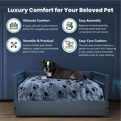 Image showing  Sassy Paws Wooden Pet Bed with Paw Printed Comfy Cushion, Pine Wood