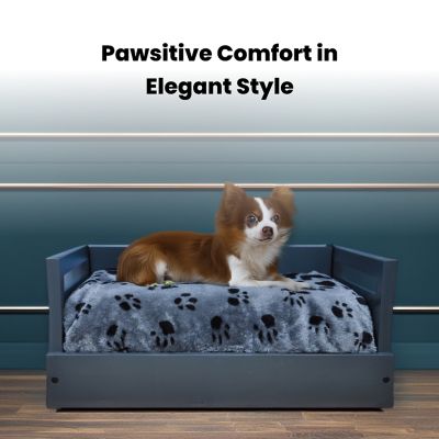 Image showing  Sassy Paws Wooden Pet Bed with Paw Printed Comfy Cushion, Pine Wood