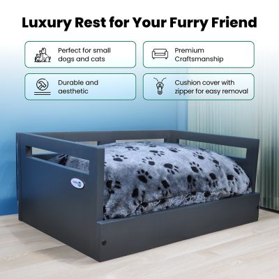 Image showing  Sassy Paws Wooden Pet Bed with Paw Printed Comfy Cushion, Pine Wood