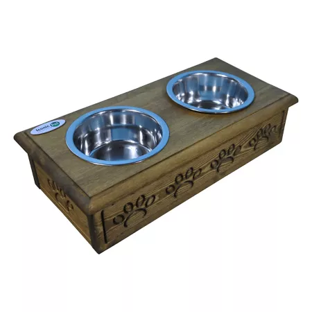 Iconic Pet Sassy Paws Raised Wooden Stand Stainless Steel Double Pet Bowls 2 Bowls 52066 Double Diners