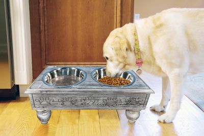 Iconic Pet Sassy Paws Wooden Stand Raised Stainless Steel Double Diner Pet Bowls, 2-Bowls, 52067
