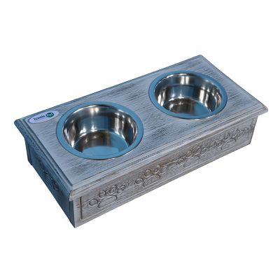 Iconic Pet Sassy Paws Wooden Stand Raised Stainless Steel Double Diner Pet Bowls, Brown, 2 ct.