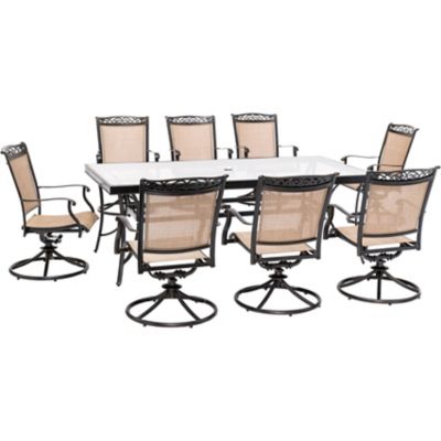 Hanover 9 pc. Fontana Dining Set, Includes 8 Swivel Rockers and Extra Long Glass-Top Dining Table