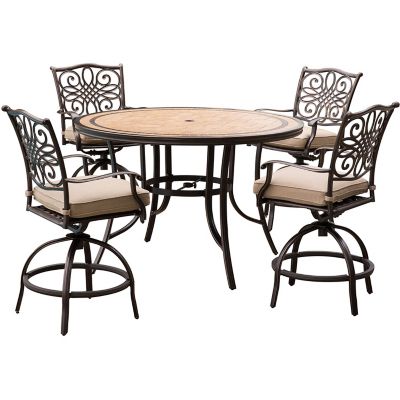 Hanover Monaco 5 pc. High-Dining Set, 4 Swivel Chairs and a Tile-Top Table, Tan