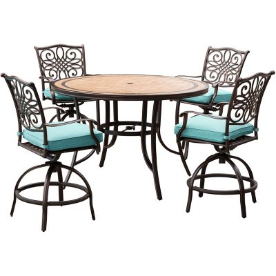 Hanover Monaco 5-Piece High-Dining Set in Blue with 4 Swivel Chairs and a 56 In. Tile-top Table