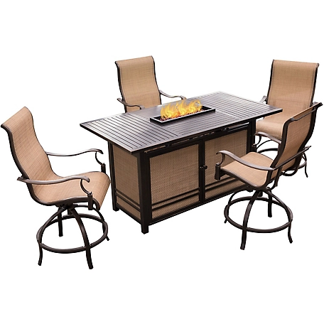 Hanover 5 pc. Monaco High-Dining Set, Includes 4 Swivel Chairs and Fire Pit Table, 30,000 BTU