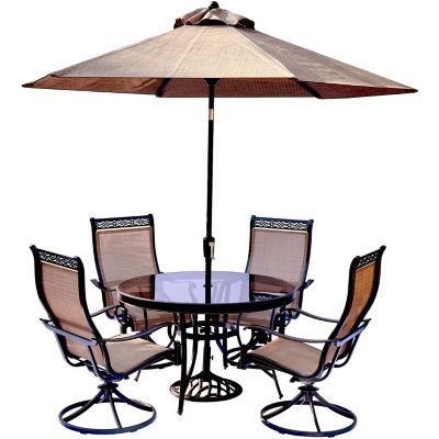 Hanover 5 pc. Monaco Dining Set, Includes Swivel Sling Chairs Glass-Top Dining Table and Umbrella/Stand