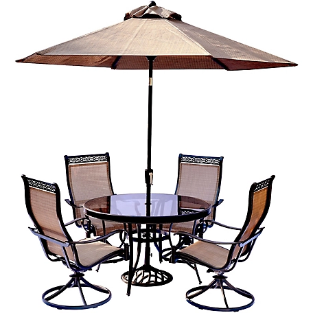 Hanover 5 pc. Monaco Dining Set, Includes Swivel Sling Chairs Glass-Top Dining Table and Umbrella/Stand
