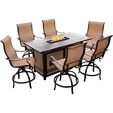 Hanover 7 pc. Monaco High-Dining Set, Includes 6 Swivel Rockers and Fire Pit Table, 30,000 BTU