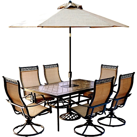 Hanover 7 pc. Monaco Patio Dining Set, Includes 6 Swivel Rockers, Dining Table and Umbrella/Stand