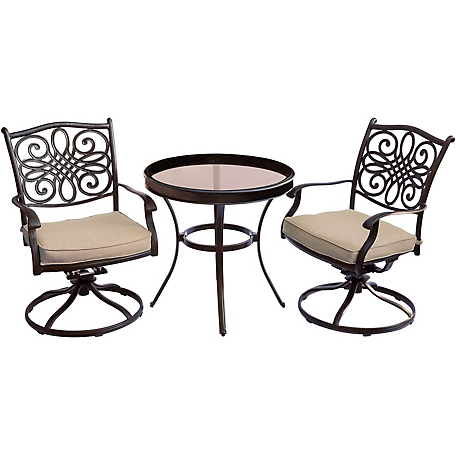 Hanover 3 pc. Traditions Swivel Bistro Set, Includes Glass-Top Table, Tan