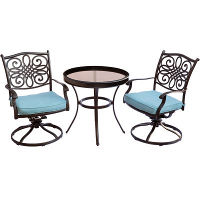 Hanover 3 pc. Traditions Swivel Bistro Set, Includes Glass-Top Table, Blue