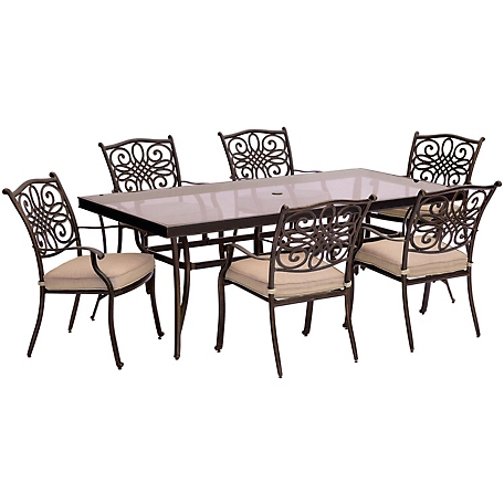Hanover 7 pc. Traditions Dining Set, Includes Extra-Large Glass-Top Dining Table, Tan, TRADDN7PCG