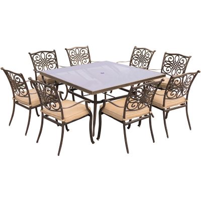 Hanover 9 pc. Traditions Outdoor Dining Set with 60 in. Square Glass-Top Dining Table, Tan