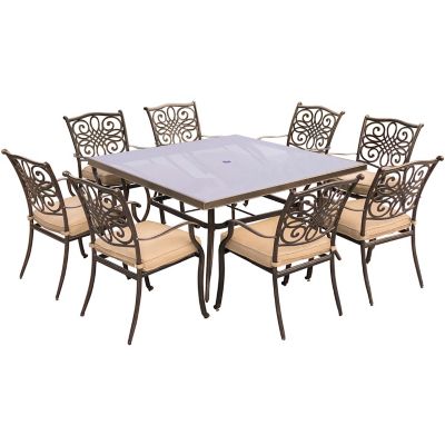 Hanover Traditions 9-Piece Dining Set in Tan with 60 In. Square Glass-Top Dining Table