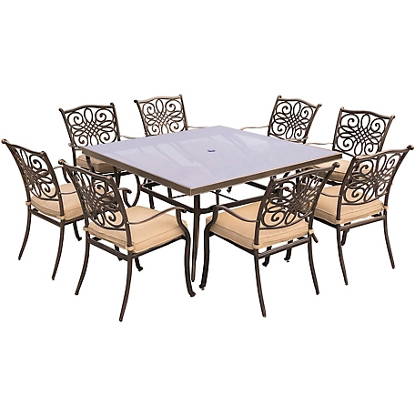 Hanover Traditions 9-Piece Dining Set in Tan with 60 In. Square Glass-Top Dining Table