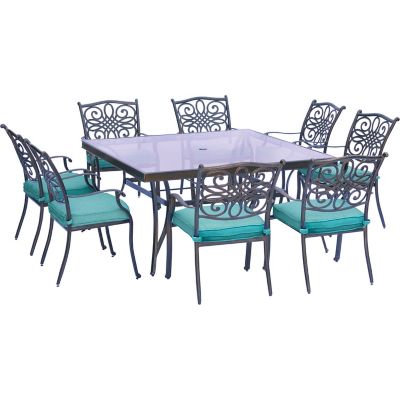 Hanover Traditions 9-Piece Dining Set in Blue with 60 In. Square Glass-Top Dining Table