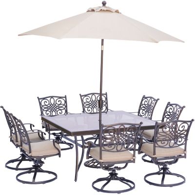 Hanover 9 pc. Traditions Square Dining Set, Includes 8 Swivel Dining Chairs, Square Dining Table and Umbrella/Base