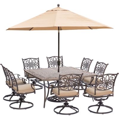 Hanover 9 pc. Traditions Dining Set, Includes Square Cast-Top Dining Table and Umbrella with Stand